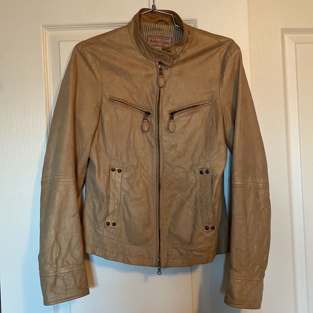 Light tan leather jacket for Fall or Spring. - Picture 2 of 6